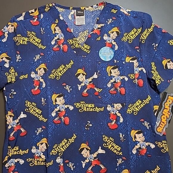 Pinocchio Cherokee Scrubs Shirt Nurse Disney Tooniforms V Neck Small NEW NWT - Picture 1 of 7